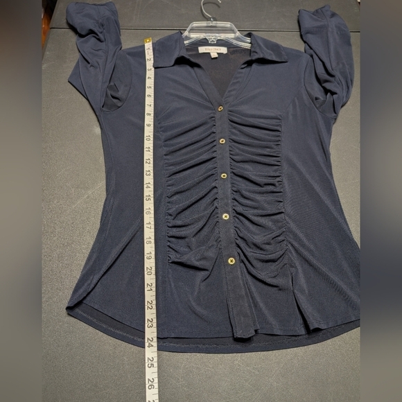 Ellen Tracy Navy Blue V-neckline Gathered Button Front 3/4 Sleeve Blouse Size S - Picture 5 of 7
